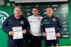 Hibernian FC assistant manager Adam Owen with Ballingarry AFC’s Mike Boyle and Shane Markham 
